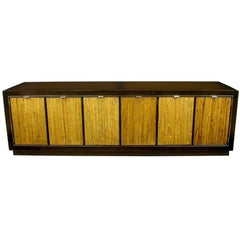Dark Walnut and Grass Cloth Low Cabinet after Harvey Probber