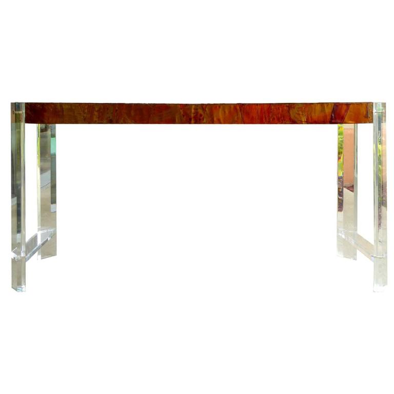 Paul Evans Style Lucite and Copper Console Table at 1stDibs