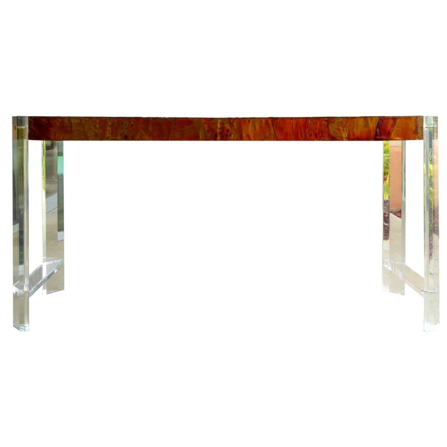 Paul Evans Style Lucite and Copper Console Table