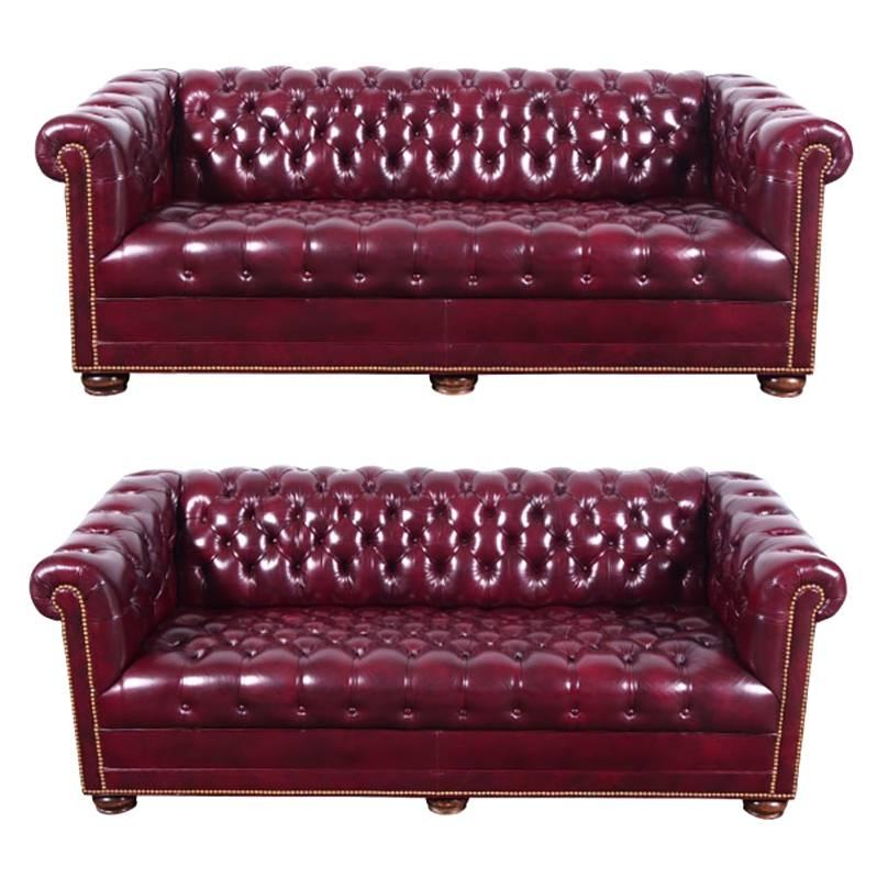 Pair of Tufted Glazed Leather Chesterfield Sofas with Nailhead Trim