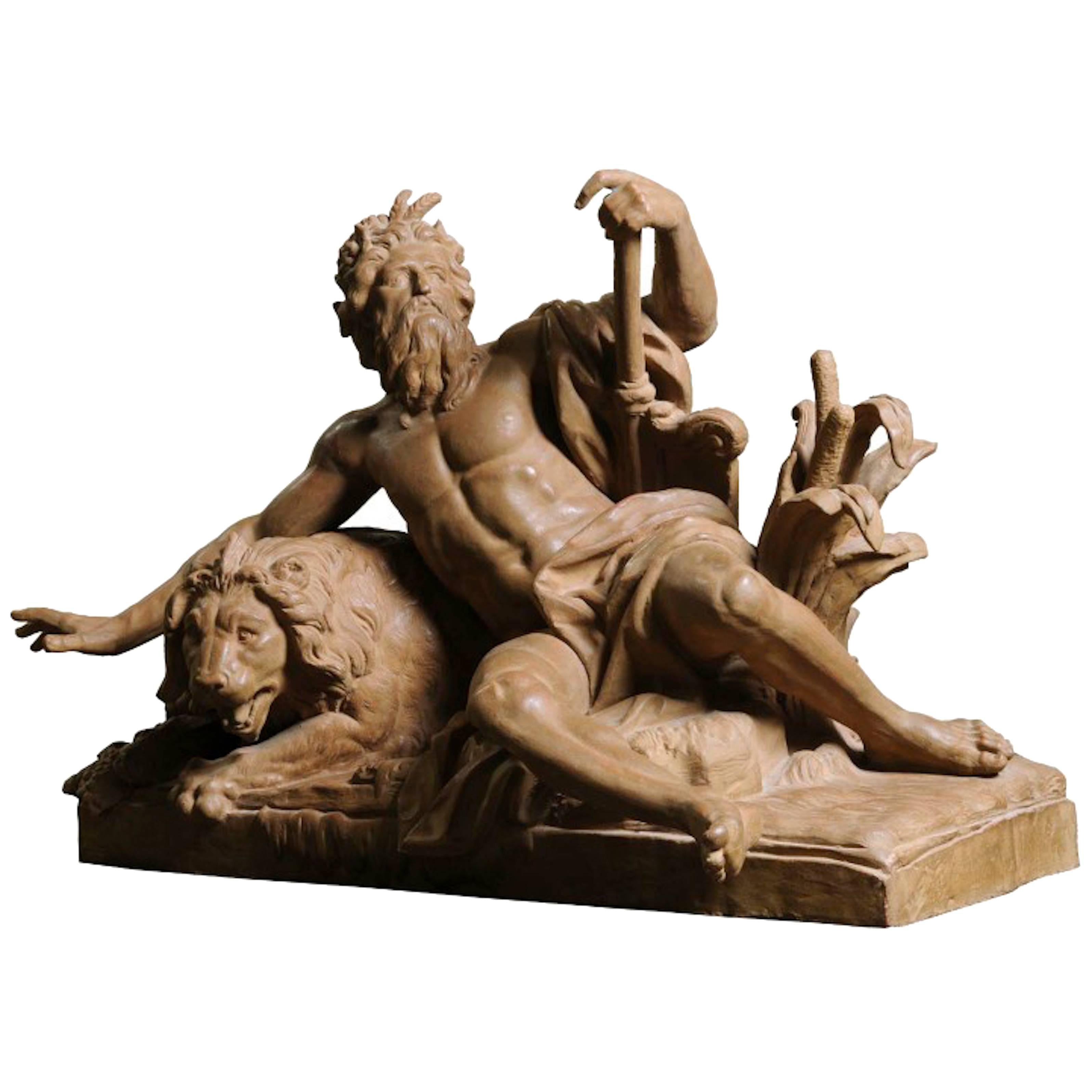 Exceptional Terracotta Statue Le Rhone after Guillaume Coustou For Sale