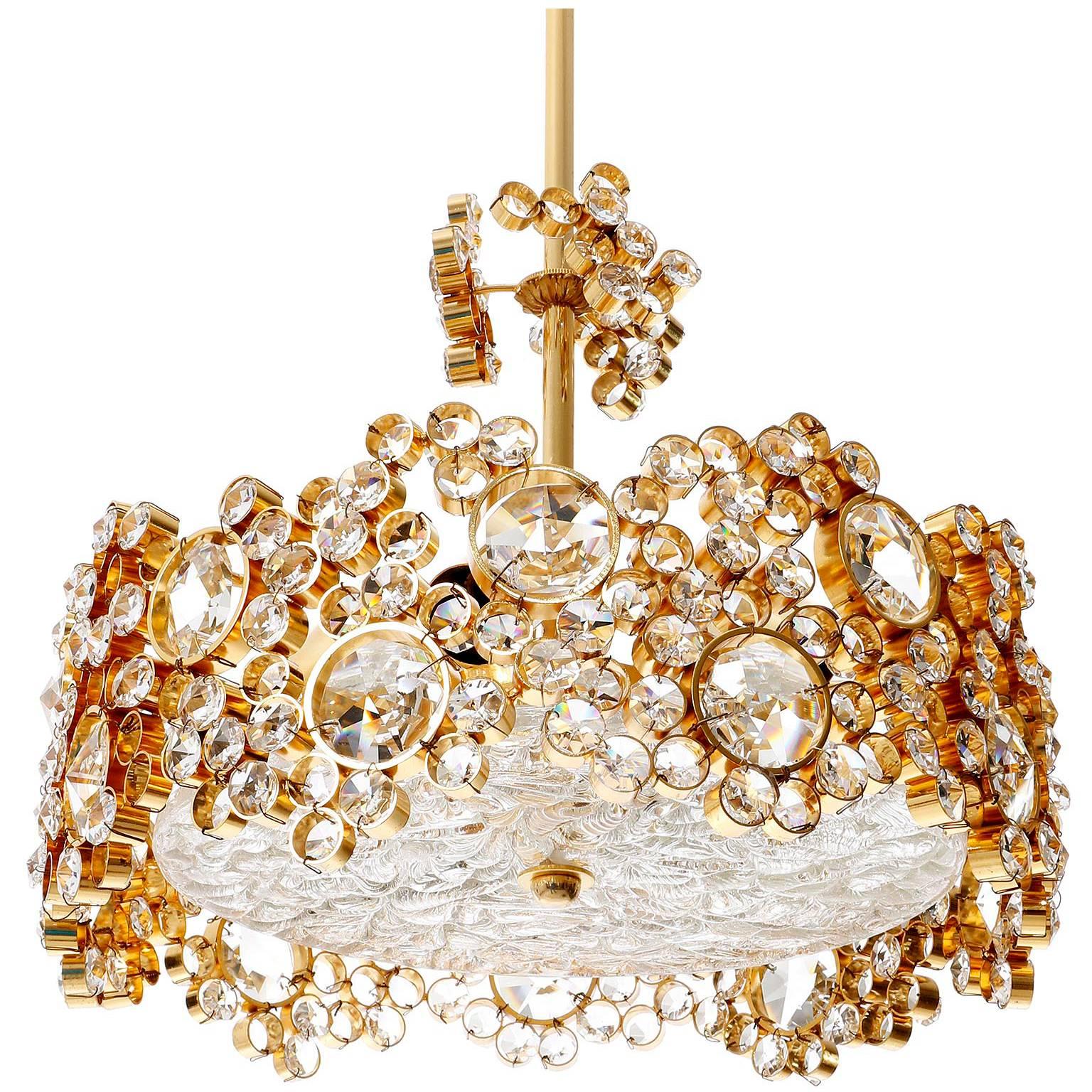 Palwa Chandelier or Pendant Light, Gilt Brass and Crystal Glass, 1960s