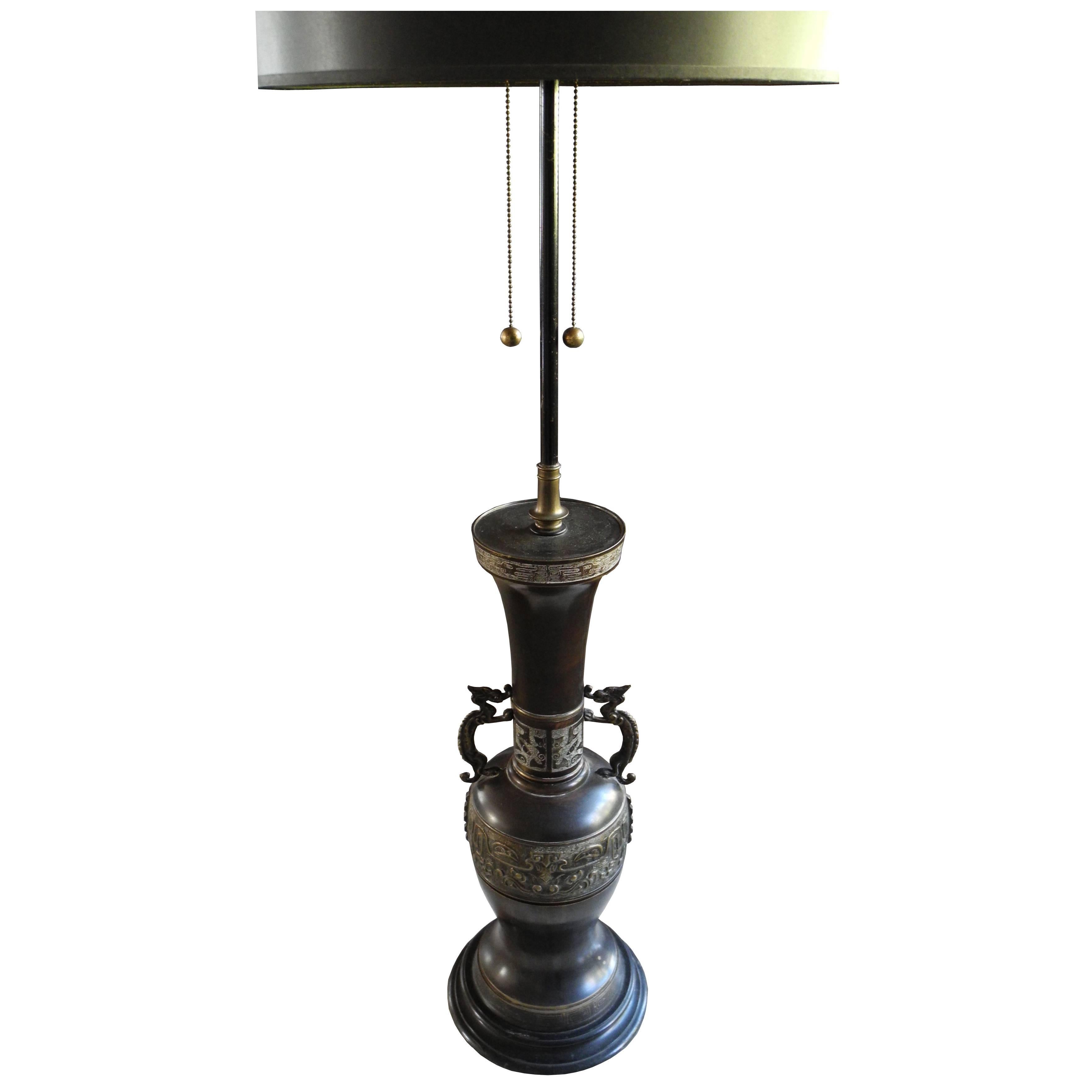 Tall Bronze Vessel Asian Lamp with Dragon Handles For Sale at 1stDibs