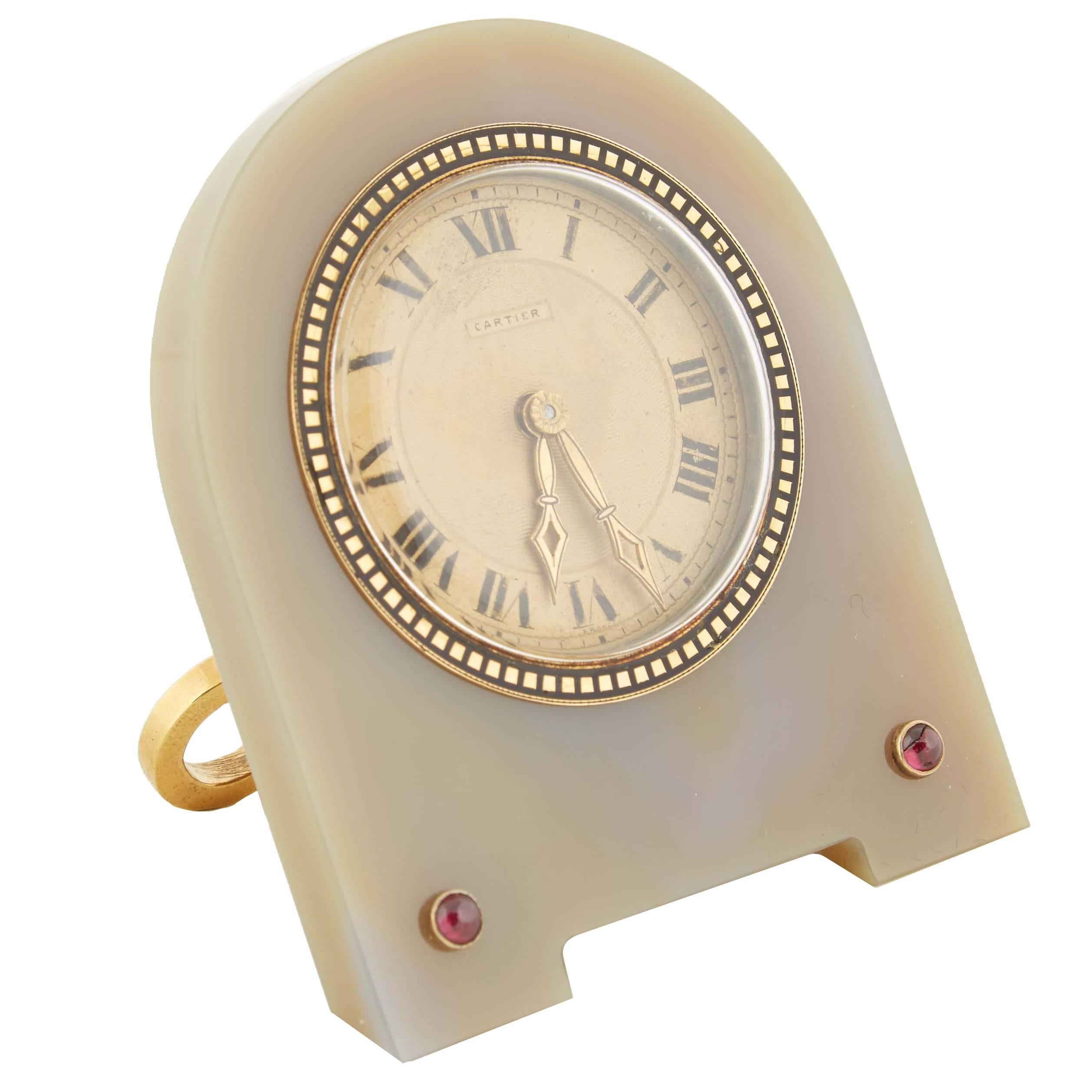 Cartier Art Deco Enamel Agate Desk Clock with Rubies European Watch & Clock Co