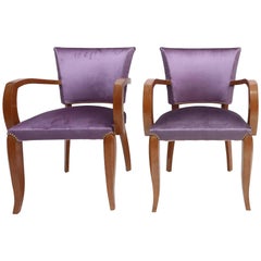 Mahogany Art Deco armchairs with purple velvet upholstery