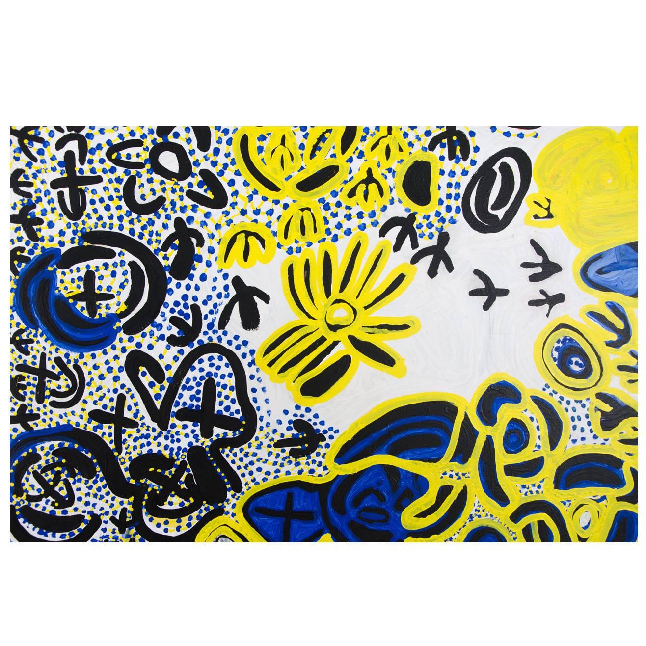 Bright Blue and Yellow Aboriginal Painting by Lily Hargraves For Sale