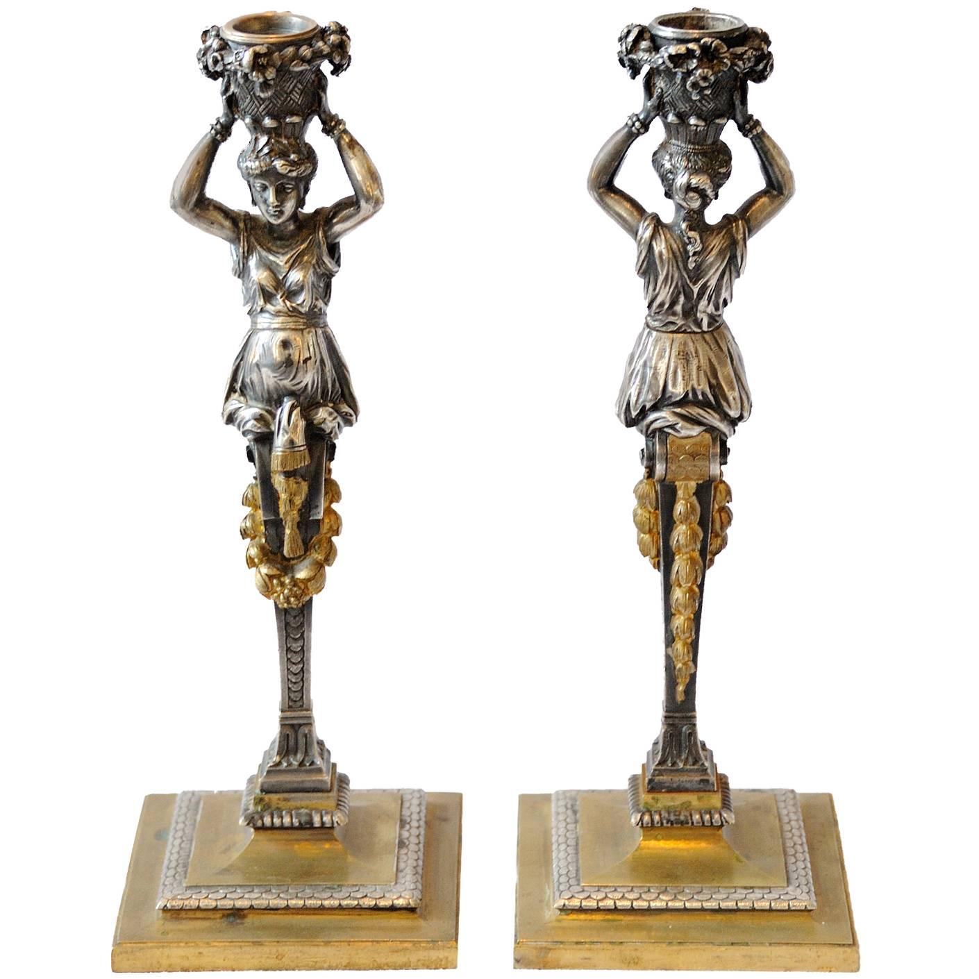 Pair of Silvered and Gilt Bronze Late Empire Candlesticks, circa 1830 For Sale