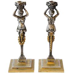 Pair of Silvered and Gilt Bronze Late Empire Candlesticks, circa 1830