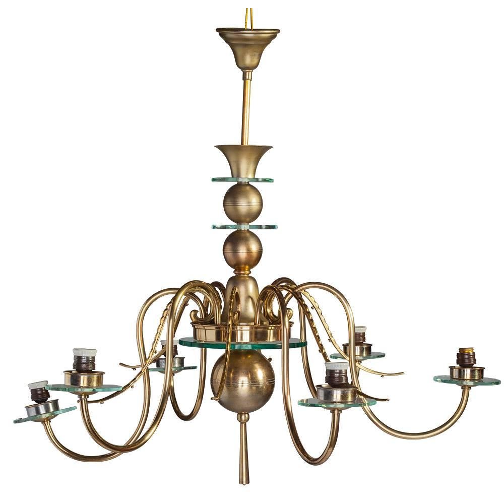 Large 12 Arms Chandelier with Six Lights in Brass and Glass For Sale