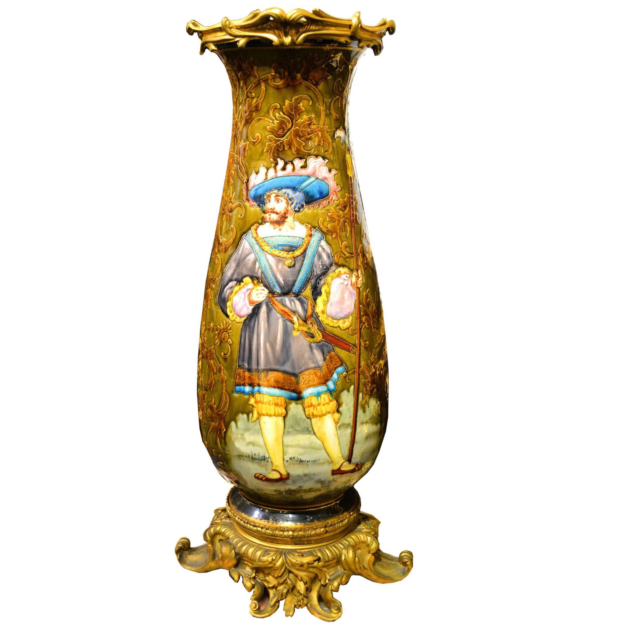 Large Enameled on Porcelain and Bronze Footed Vase with Standing Chevalier Scene