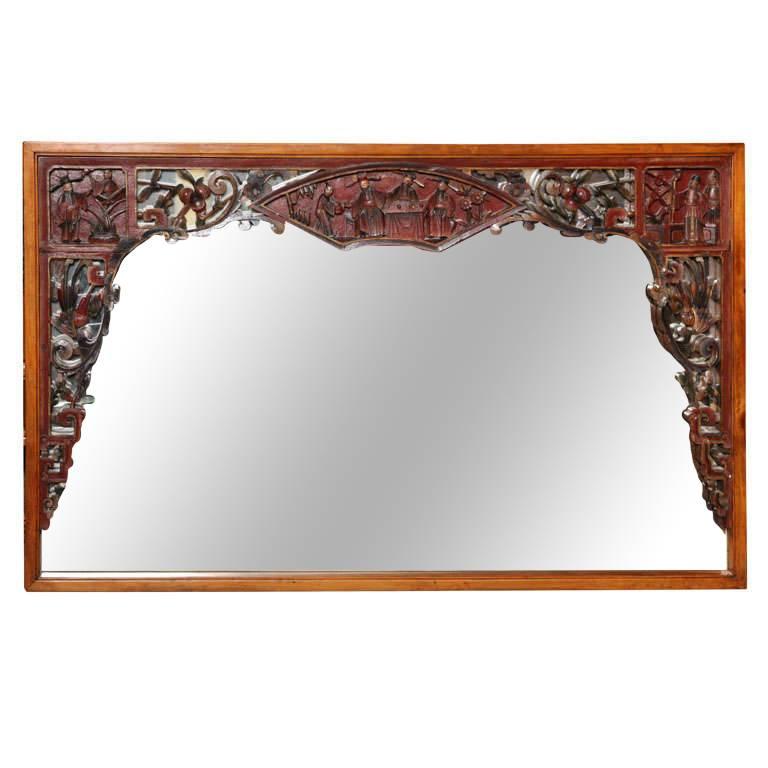 Horizontal Elmwood Mirror with 19th Century Chinese Lacquered Bed Carving