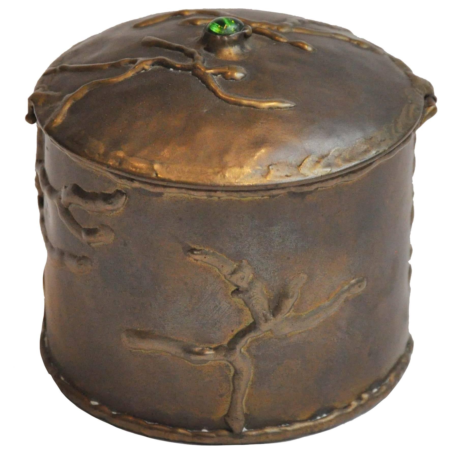 Early 20th Century Round Brass Box with Cabochon Stone by Artist R Cervantes 