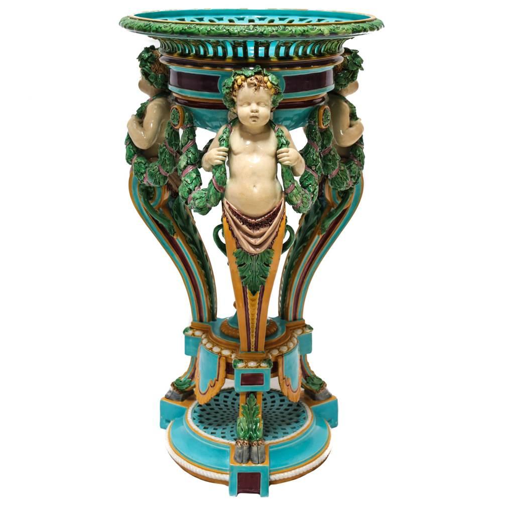 19th Century Minton Majolica Figural Pedestal Planter For Sale