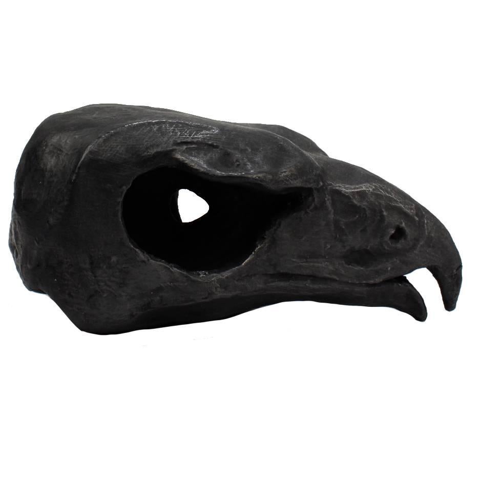 Unique Black Painted Terracotta Sculpture of a Hawk Skull by Darla Jackson, 2016 For Sale
