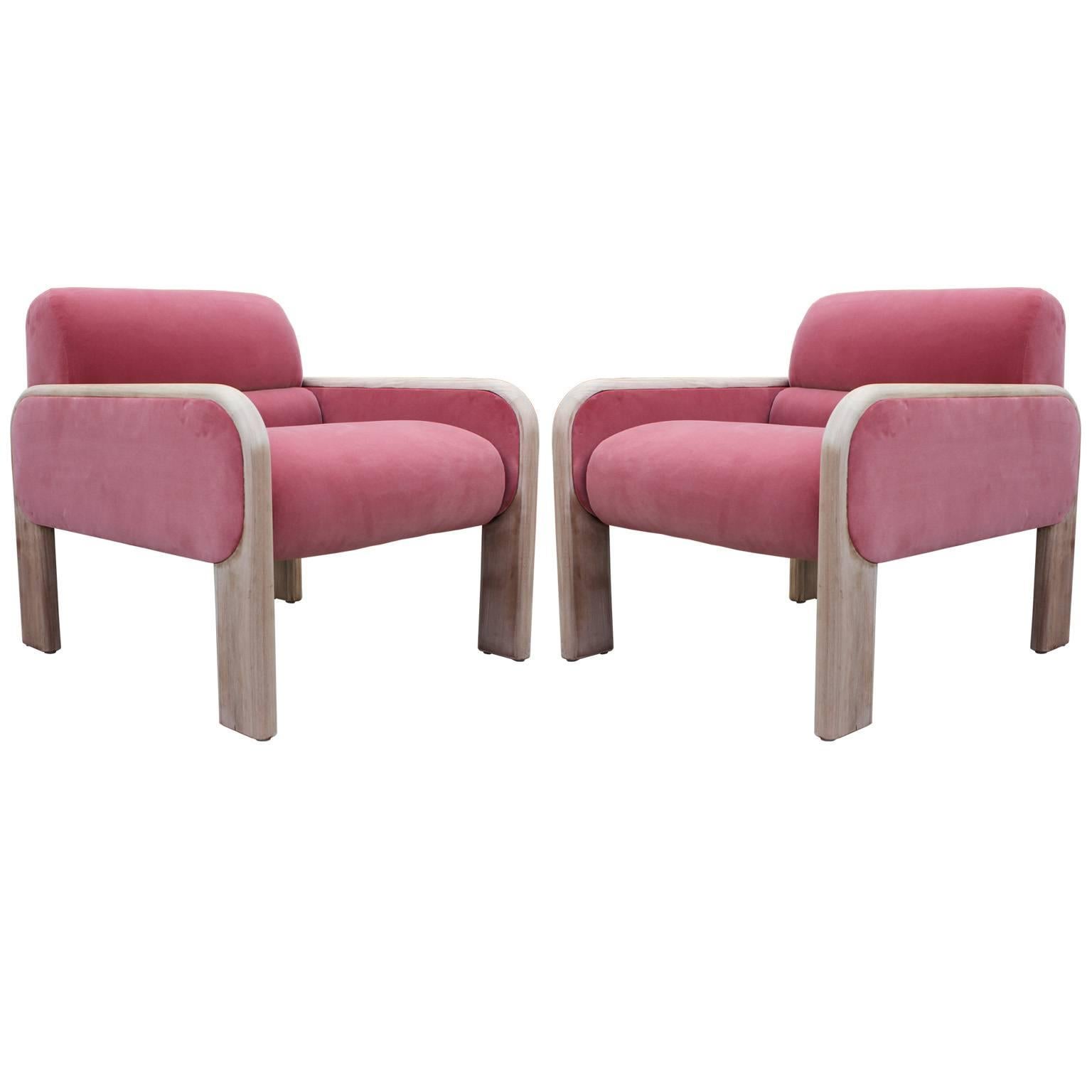 Fabulous Pair of Stripped Mahogany Lounge Chairs in Pink Velvet at 1stDibs