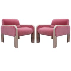 Fabulous Pair of Stripped Mahogany Lounge Chairs in Pink Velvet