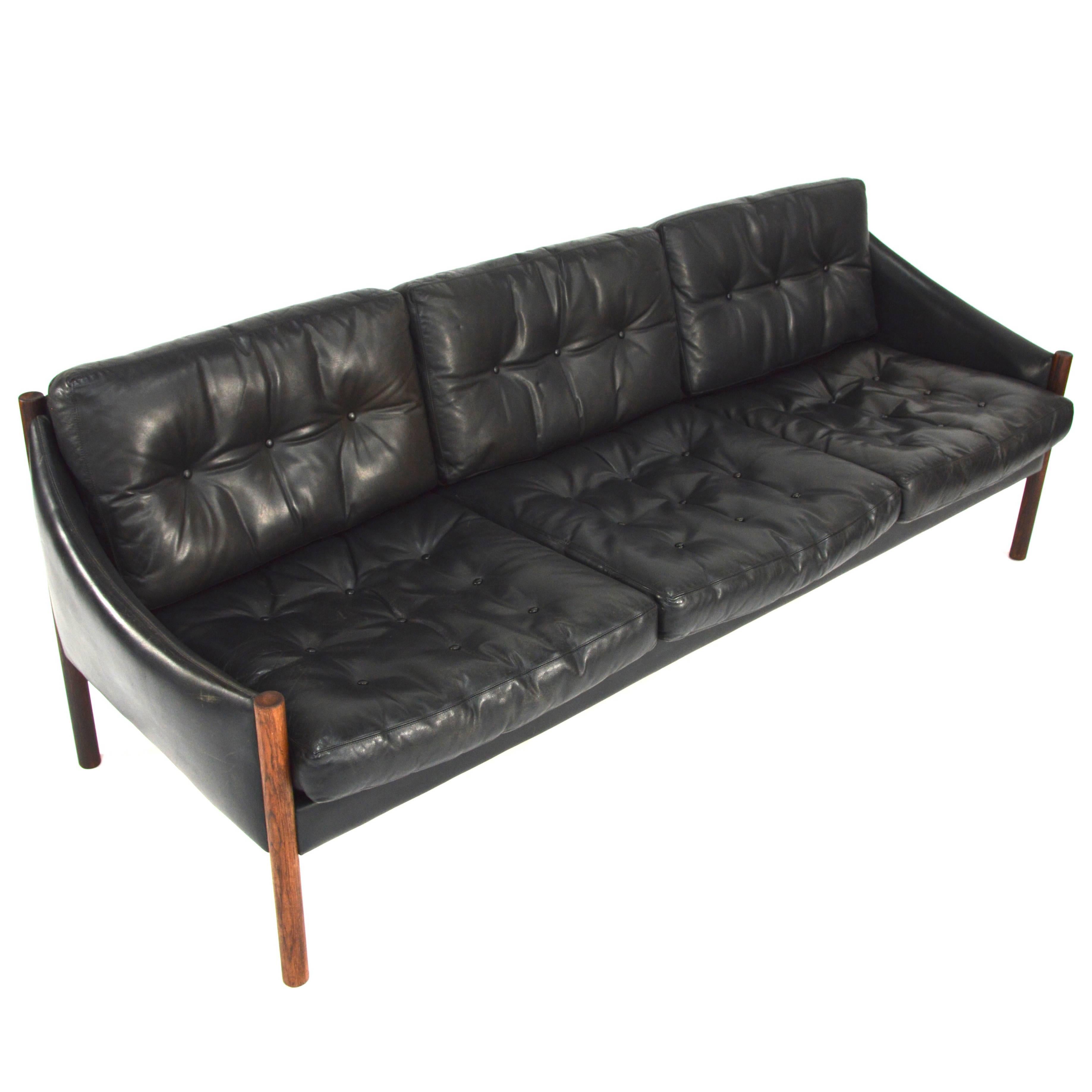 Arne Norell Attributed, Three-Seat Sofa in Black Leather and Rosewood, 1960s