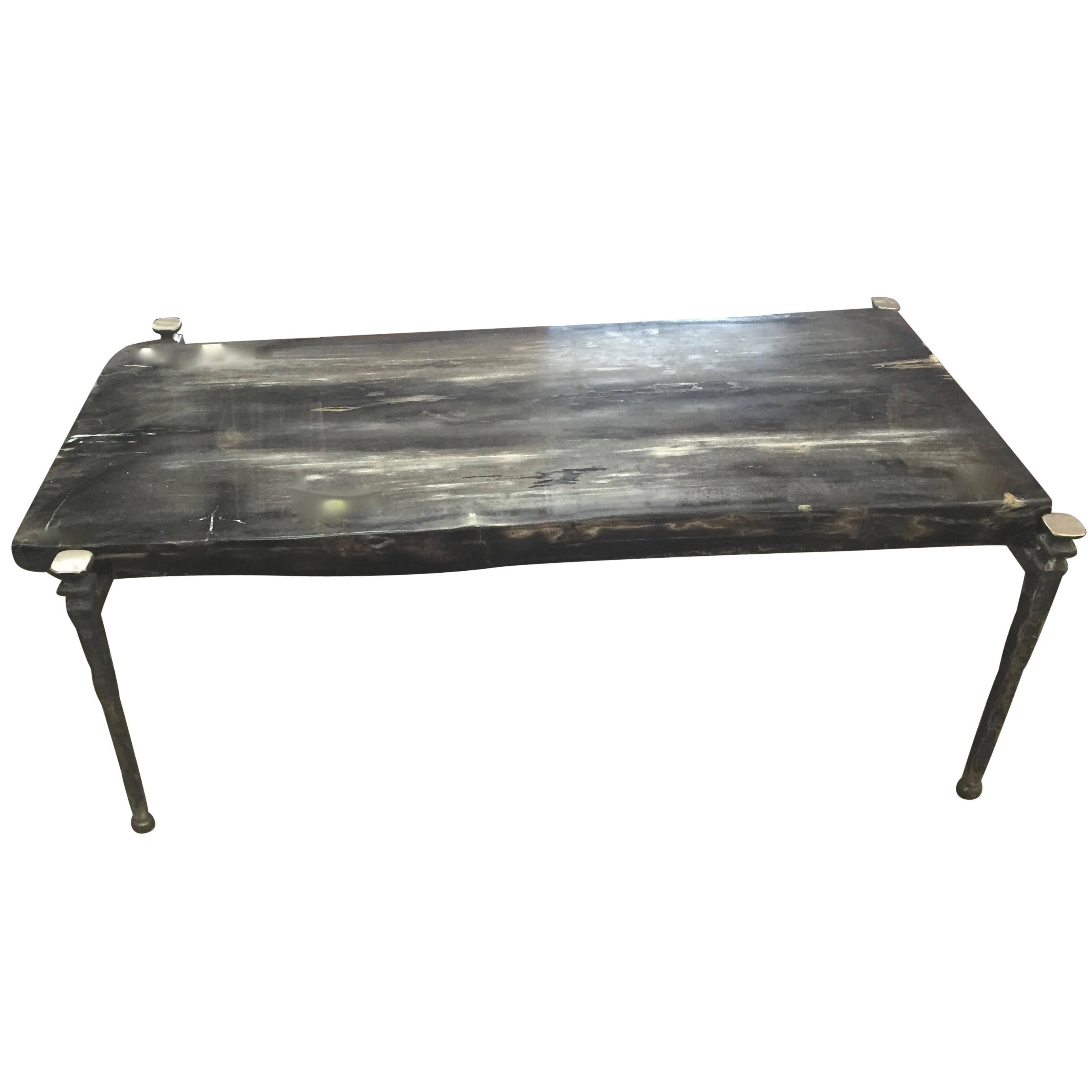 Rectangular Petrified Wood Coffee Table Black and Grey