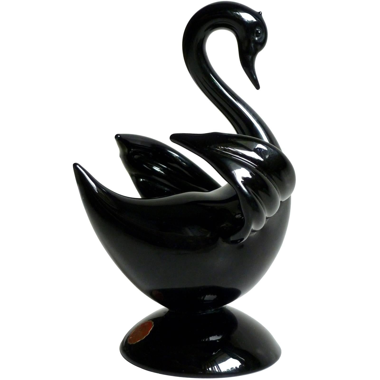 Archimede Seguso Murano Black Swan Bird Italian Art Glass Sculpture