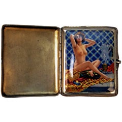 Silver Erotica Cigarette Case Enamel Painting Vintage Nude in Bathroom c.1890