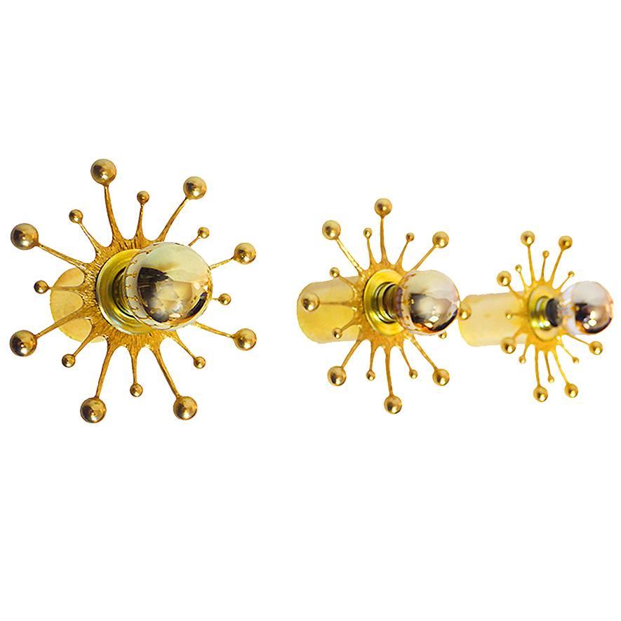 Set of Three Palwa Gilt Brass Snowflake Pistil Wall Sconces Flush Mount