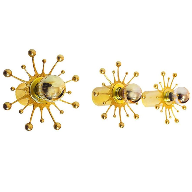 Set of Three Palwa Gilt Brass Snowflake Pistil Wall Sconces Flush Mount 1