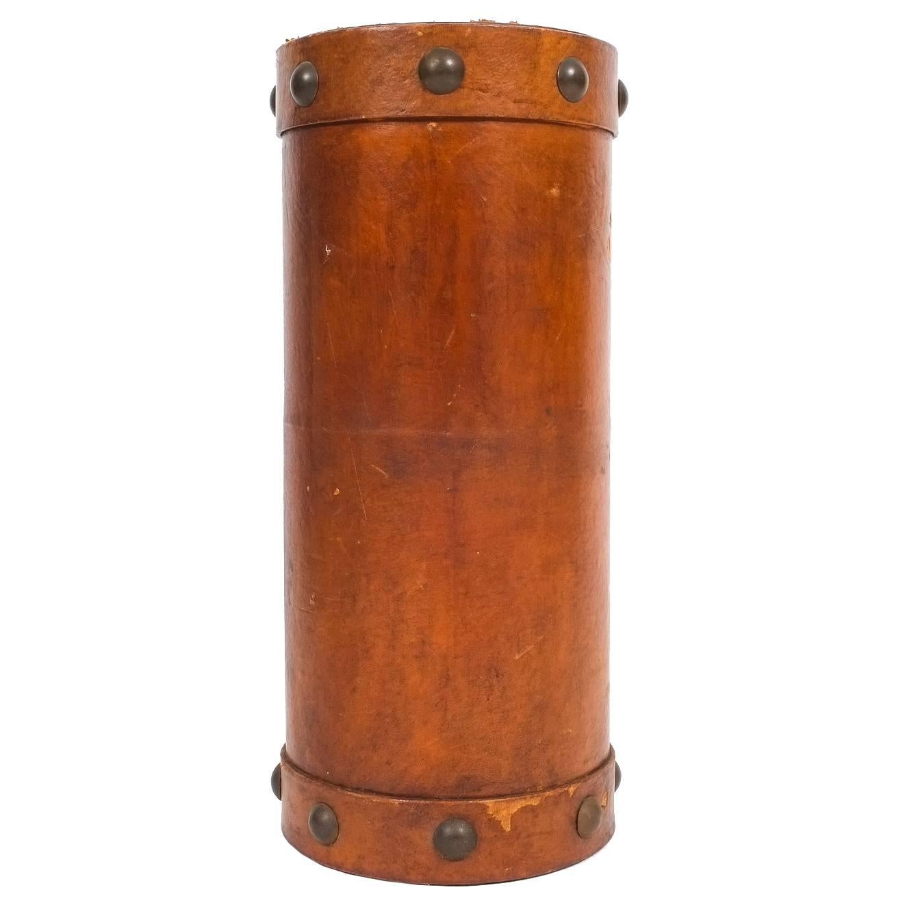 Leather Umbrella Stand with Brass Knobs, France, circa 1950