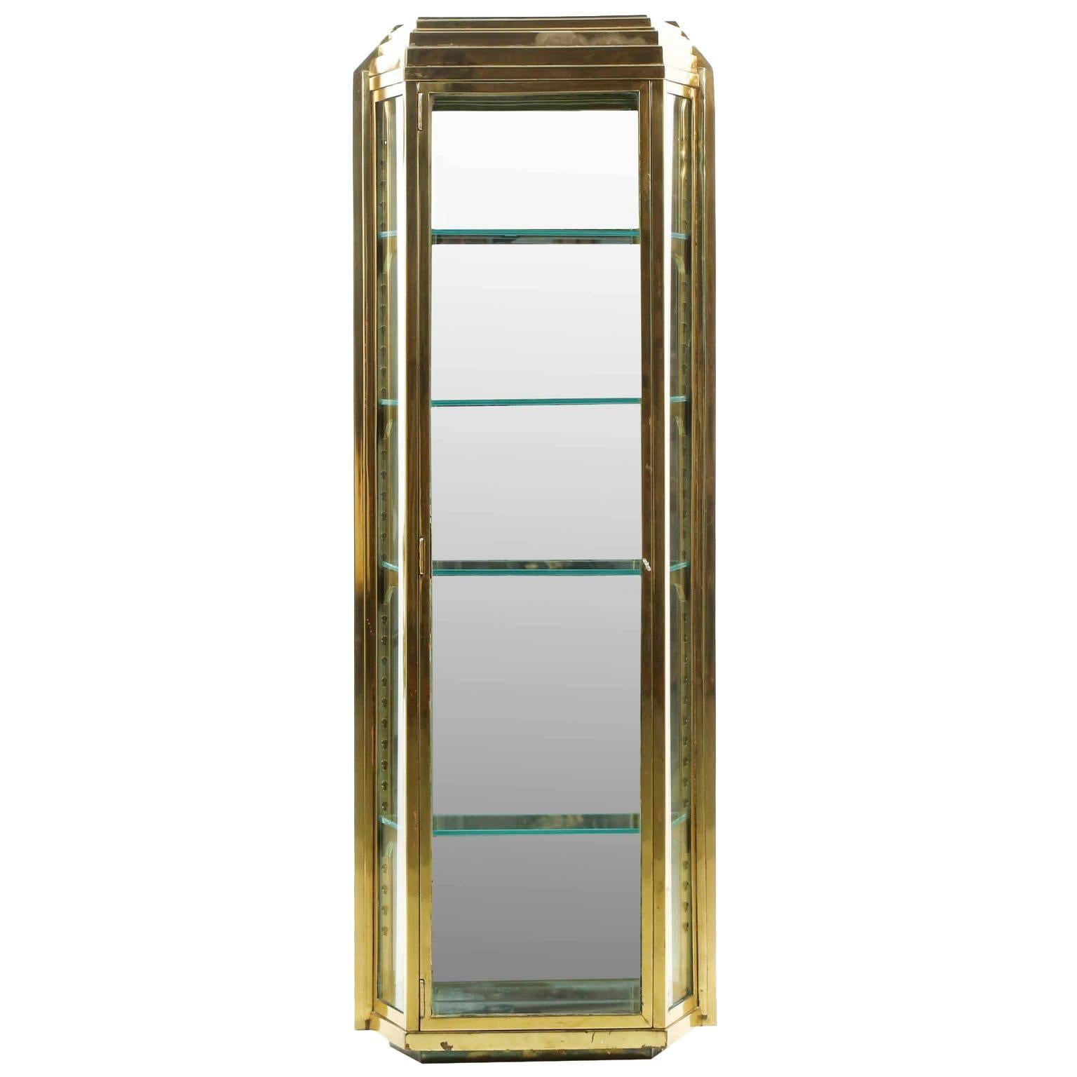 Art Deco Stepped Brass Wall Hanging Vitrine Display Cabinet, 20th Century
