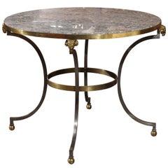 French Directoire Style Mid 20th Century Steel, Brass and Marble Top Round Table