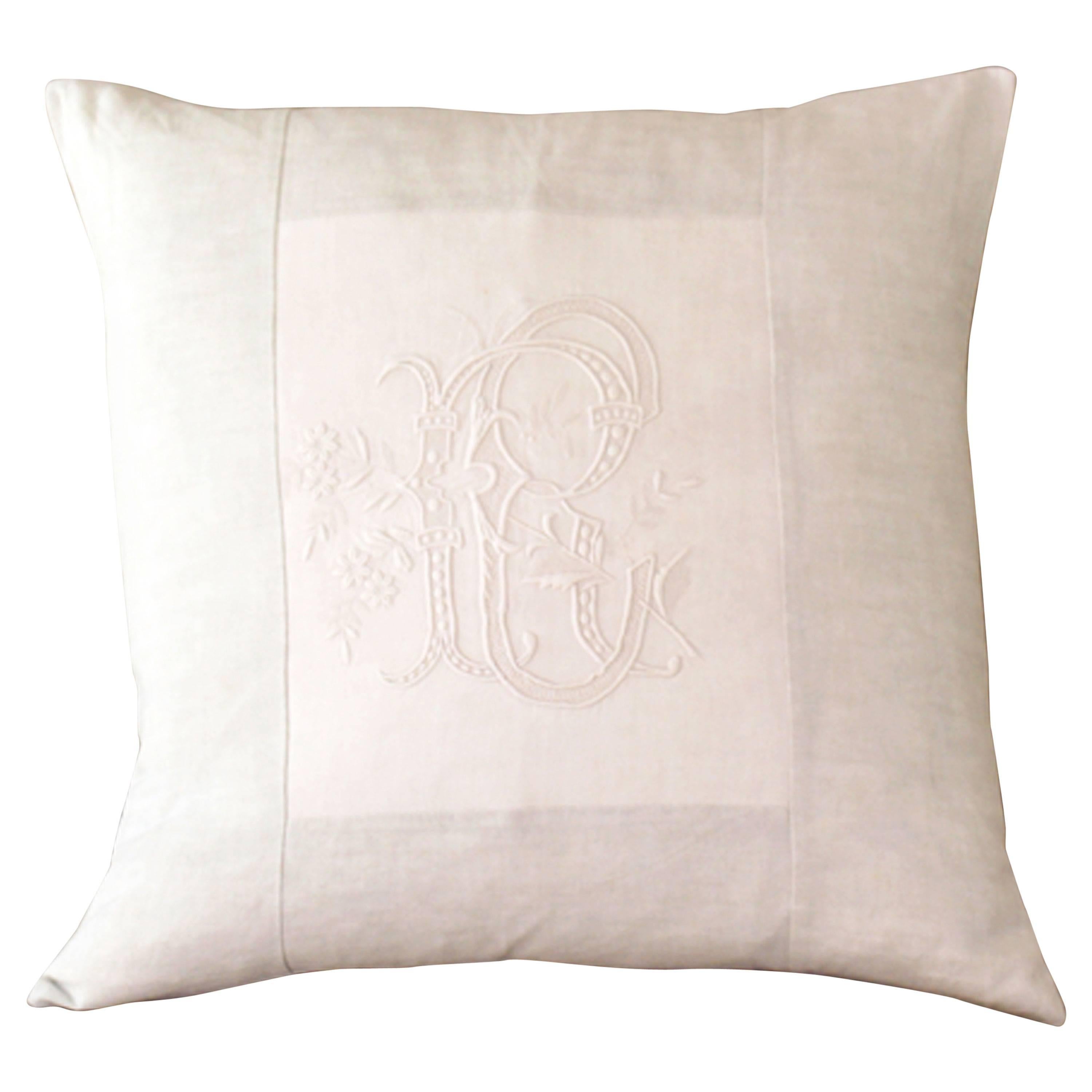 Large Antique Linen and Embroidery Monogrammed Cushion (RC) For Sale