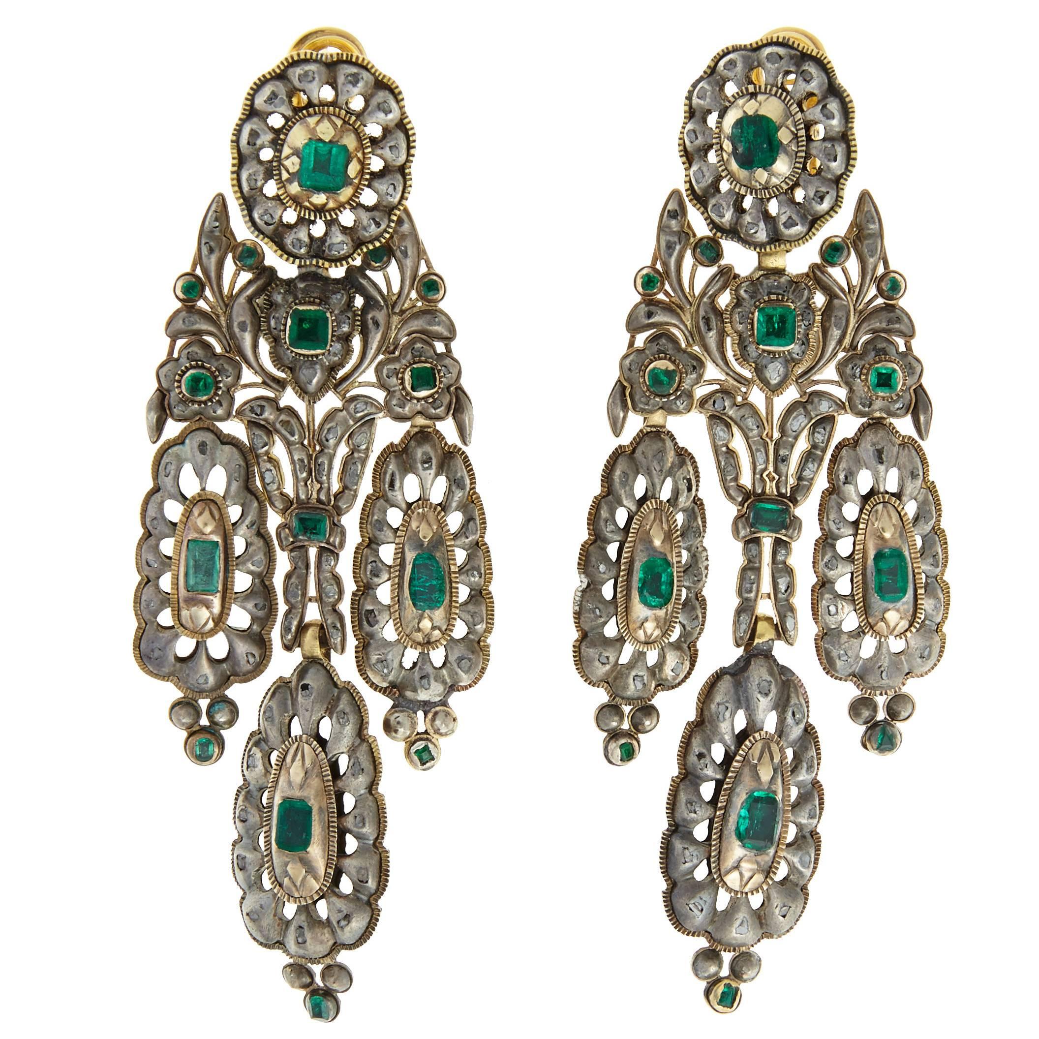Unique Silver and Gold Earrings with Emeralds and Diamonds, Spain, 1780 For Sale