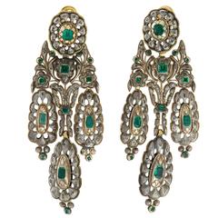 Antique Unique Silver and Gold Earrings with Emeralds and Diamonds, Spain, 1780