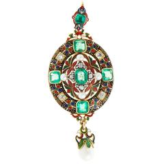 Pendant in Gold with Diamonds, Emeralds and Natural Pearls