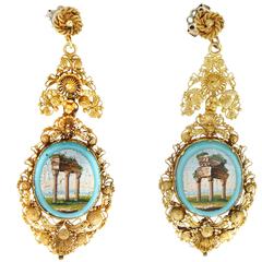 Unique Antique Gold Micromosaic Earrings, Italy 19th Century