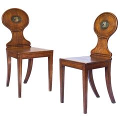 Early 19th Century Pair of English George III Regency Period Oak Hall Chairs