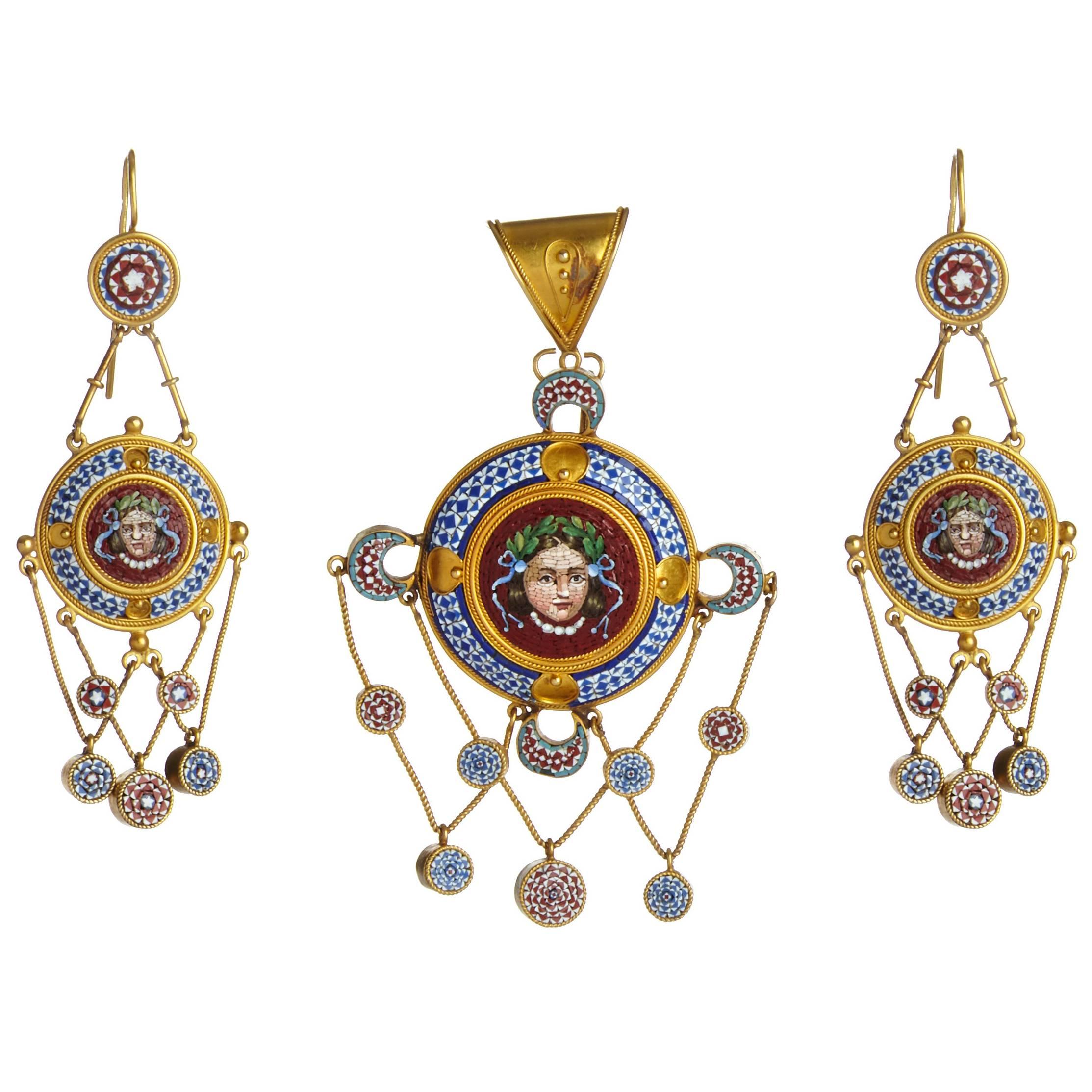 Antique Very Rare Gold and Micromosaic Demi Parure For Sale