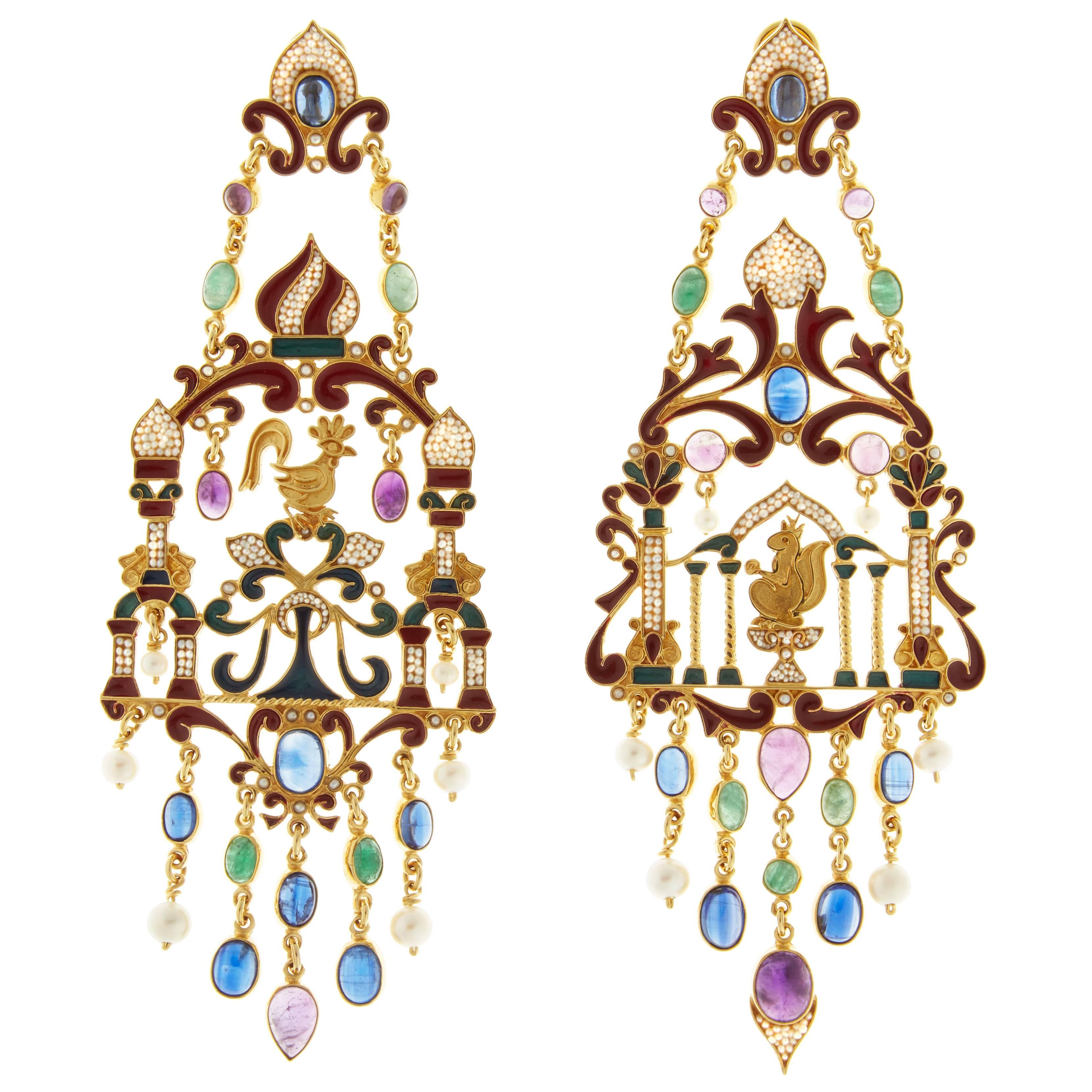 One of a Kind Percossi Papi Kyanite, Emerald, Amethyst and Pearl Earrings For Sale