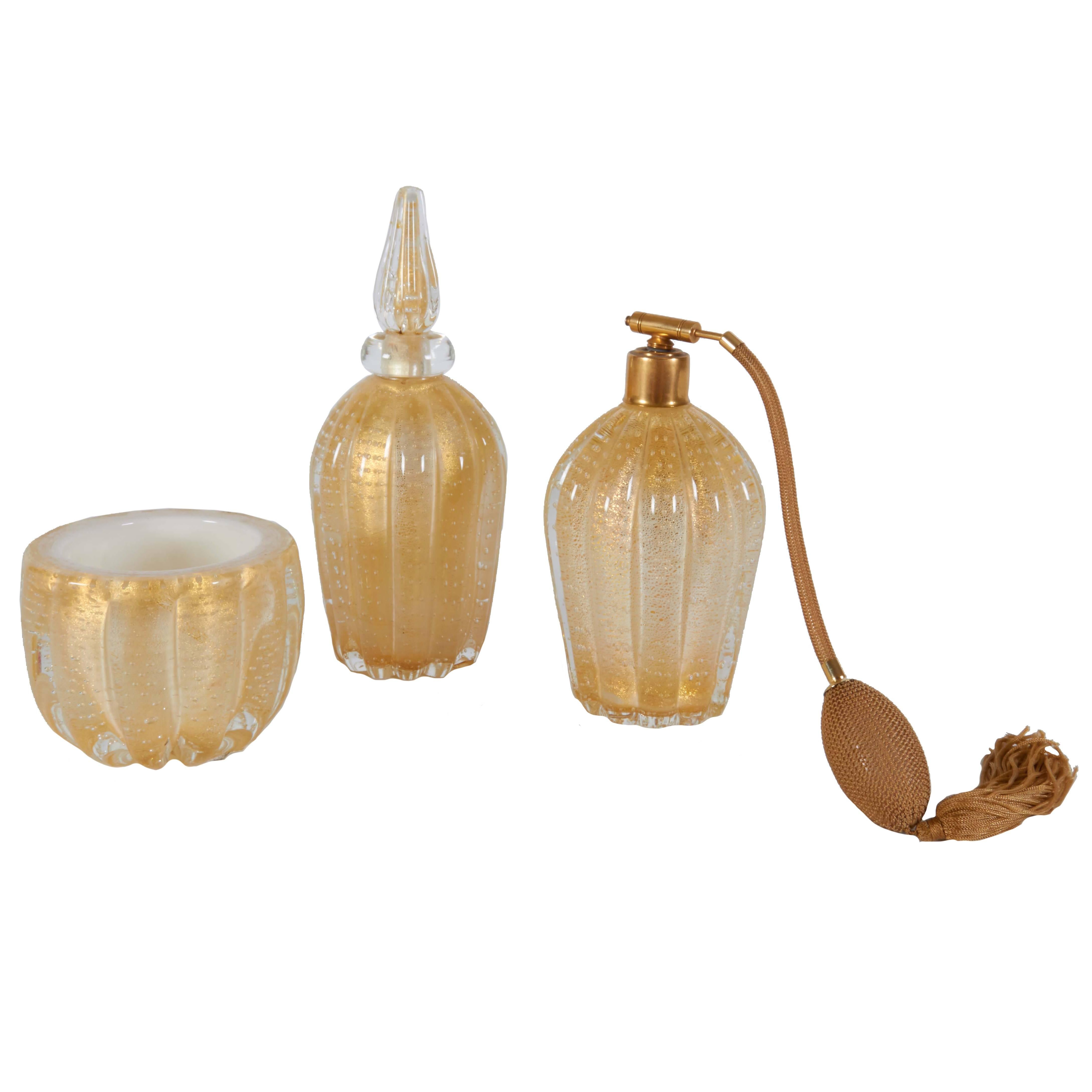 Vintage Murano Four-Piece Gold Glass Vanity Set, circa 1960 For Sale