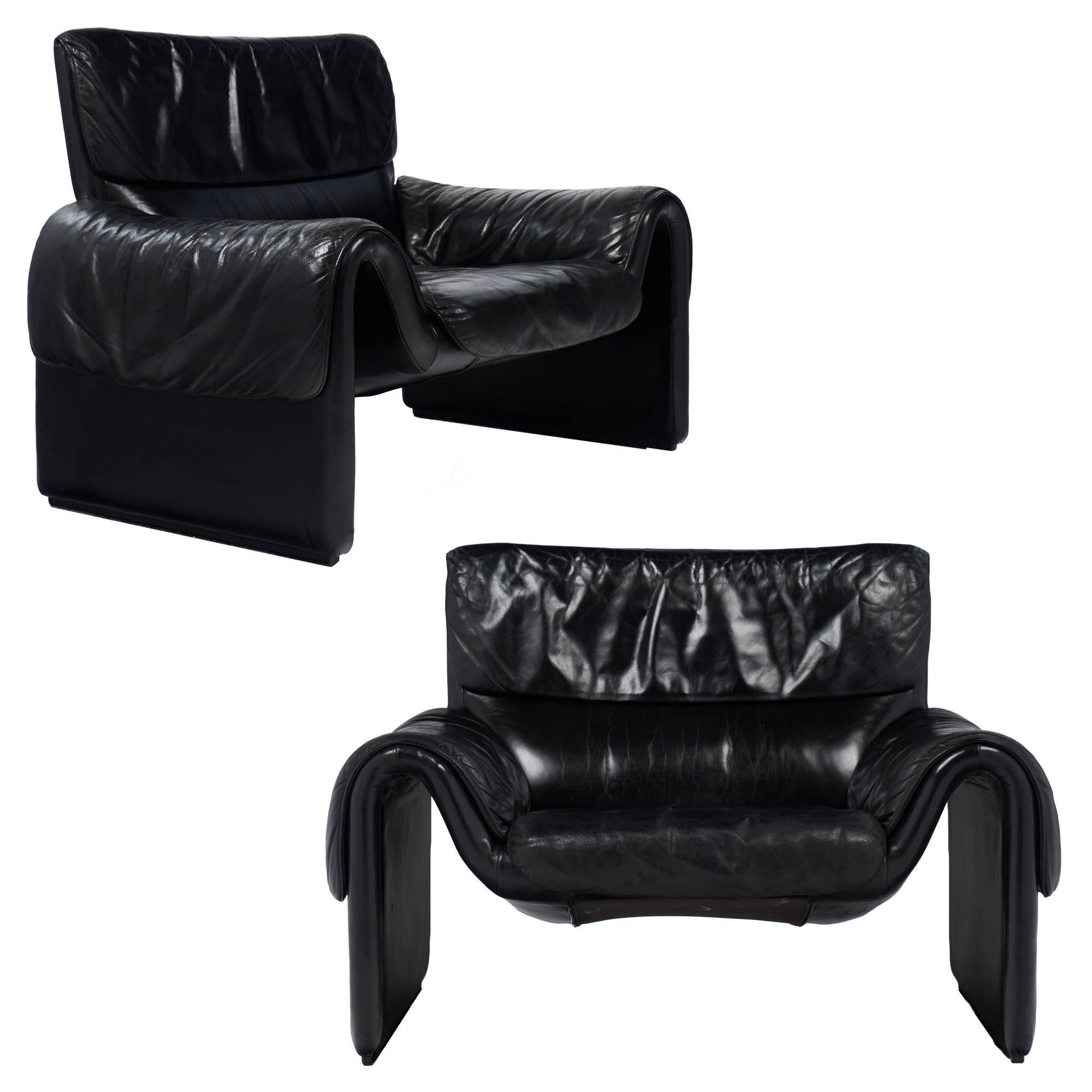 Vintage De Sede Pair of Black Leather Armchairs
