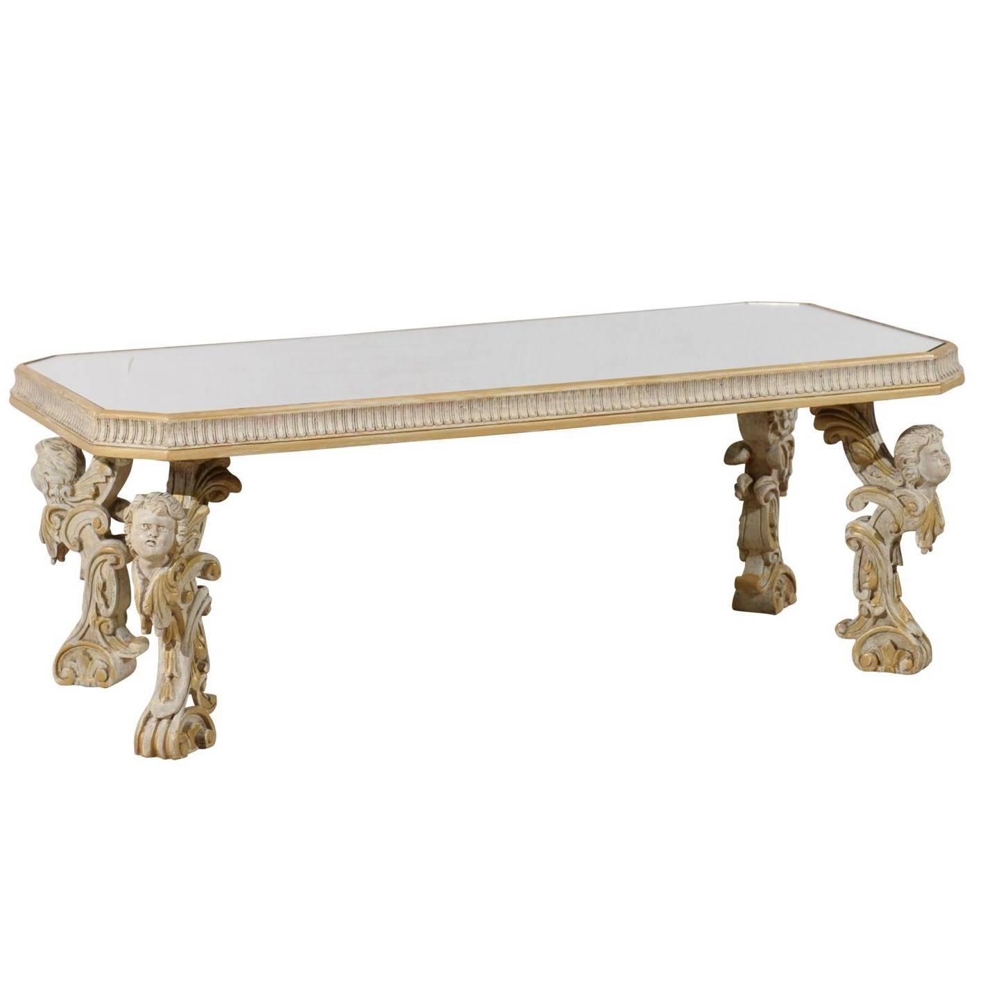 Italian Mirrored Top Coffee Table with Ornate Putti Carved Legs, Circa 1920s