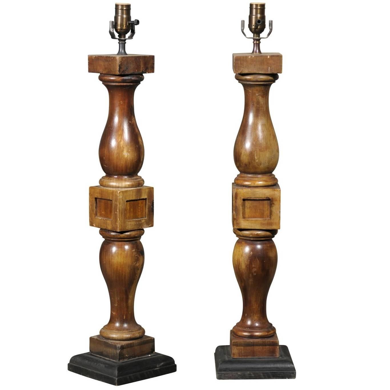 Pair of Brown Stained Wood Turned Banister Table Lamps
