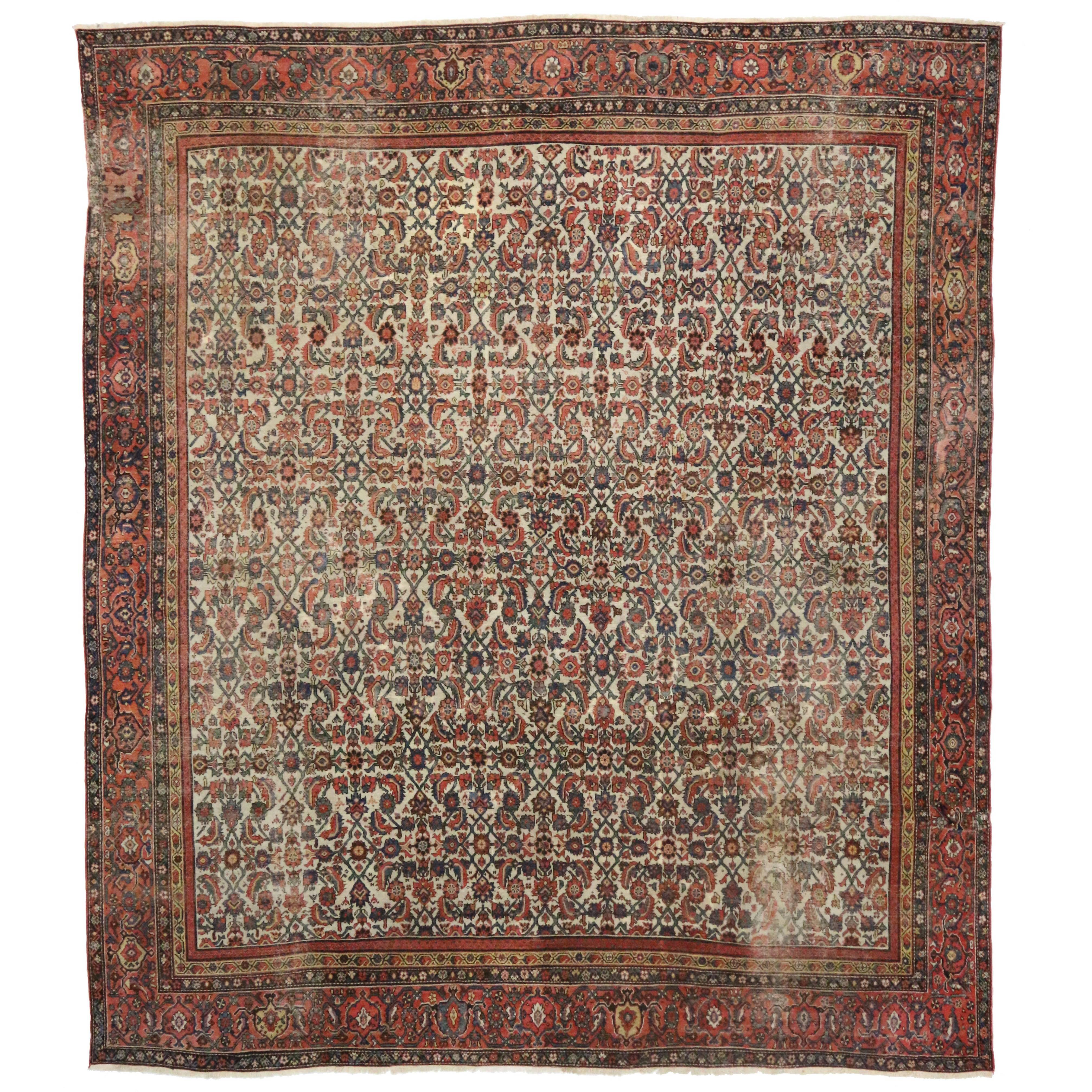 Late 19th Century Distressed Antique Persian Mahal Rug with Rustic English Style For Sale