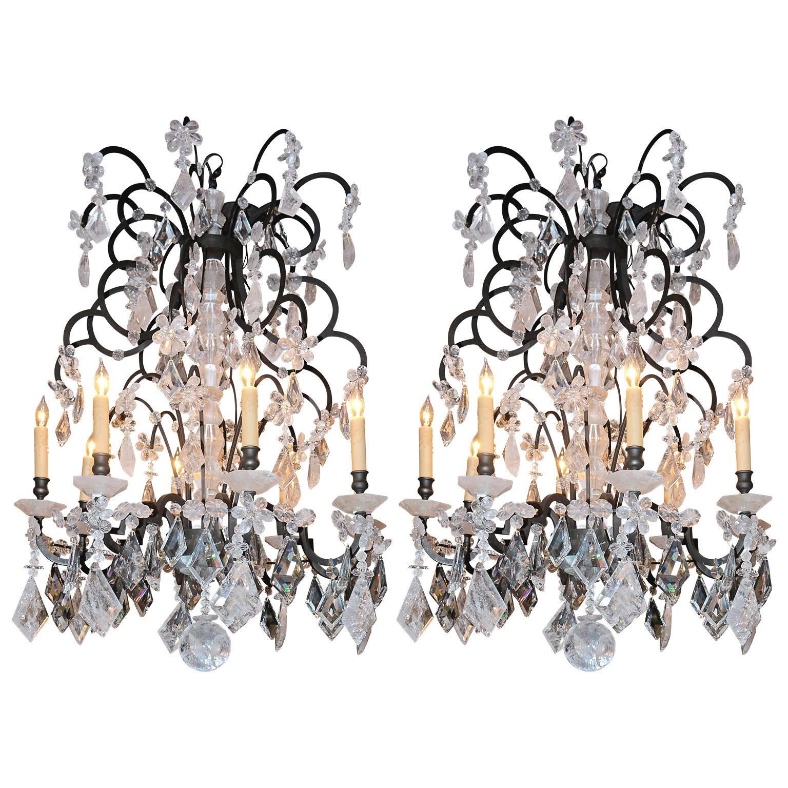 Pair of Modern Rock Crystal Chandliers For Sale