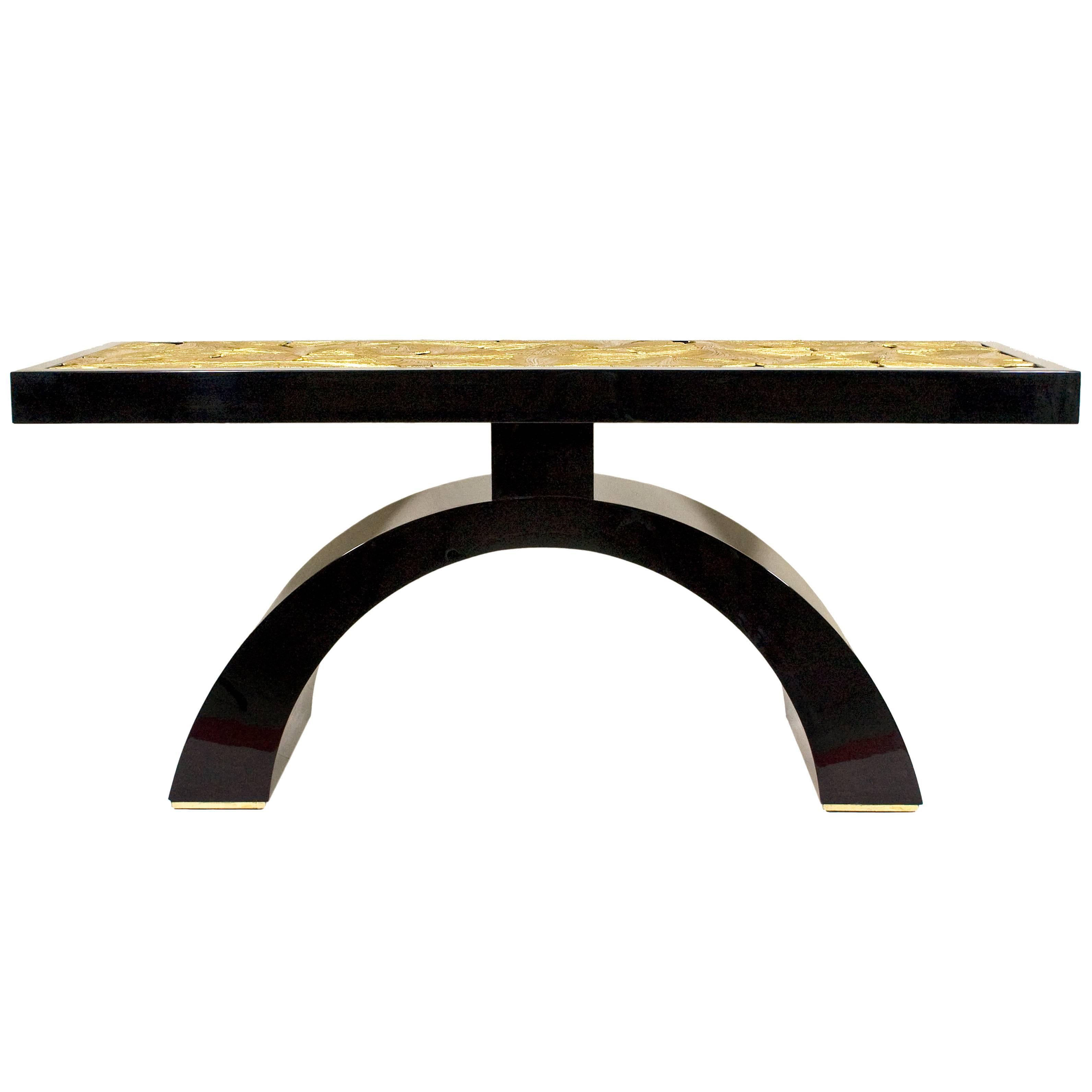 Wood Lacquered Console with Leaves in Gold For Sale