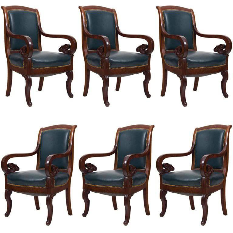 Six Mahogany and Leather French Armchairs, 19th Century