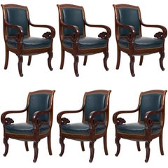 Six Mahogany and Leather French Armchairs, 19th Century