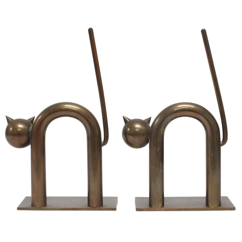 Walter Von Nessen Cat Bookends Chase Brass Bronze Signed USA 1930s Art Deco