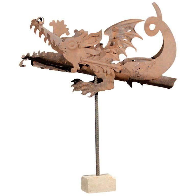 1780s Wrought-Iron Dragon Sculpture with Rusty Finish Raised on Metal Stand For Sale