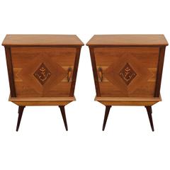 Intricate Pair of Modern Angular Italian Nightstands with Brass Pulls