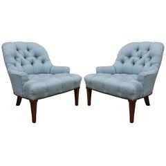 Pair of Modern French Tufted Slipper Lounge Chairs in Baby Blue Fabric
